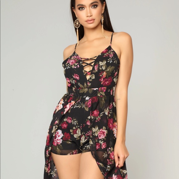 New Fashion Nova Black Floral Chiffon Maxi Romper - Picture 3 of 5